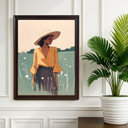 Coffee wood framed wall art print of a woman with a sun hat in a field, hanging on a white wall next to a potted plant. A sophisticated and calming art piece for a living room or bedroom.