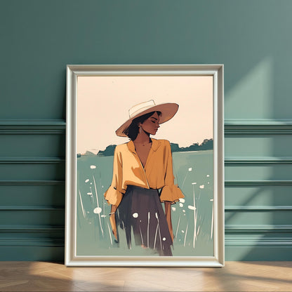 White framed wall art print of a woman wearing a sun hat and standing in a meadow. A standalone print leaning against a teal-colored wall, perfect for adding a touch of natural elegance to any room.