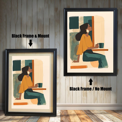 Black framed wall art print of a woman holding a mug, shown in two variations: with and without a matboard. The dark frames create a striking contrast with the light-toned wall.