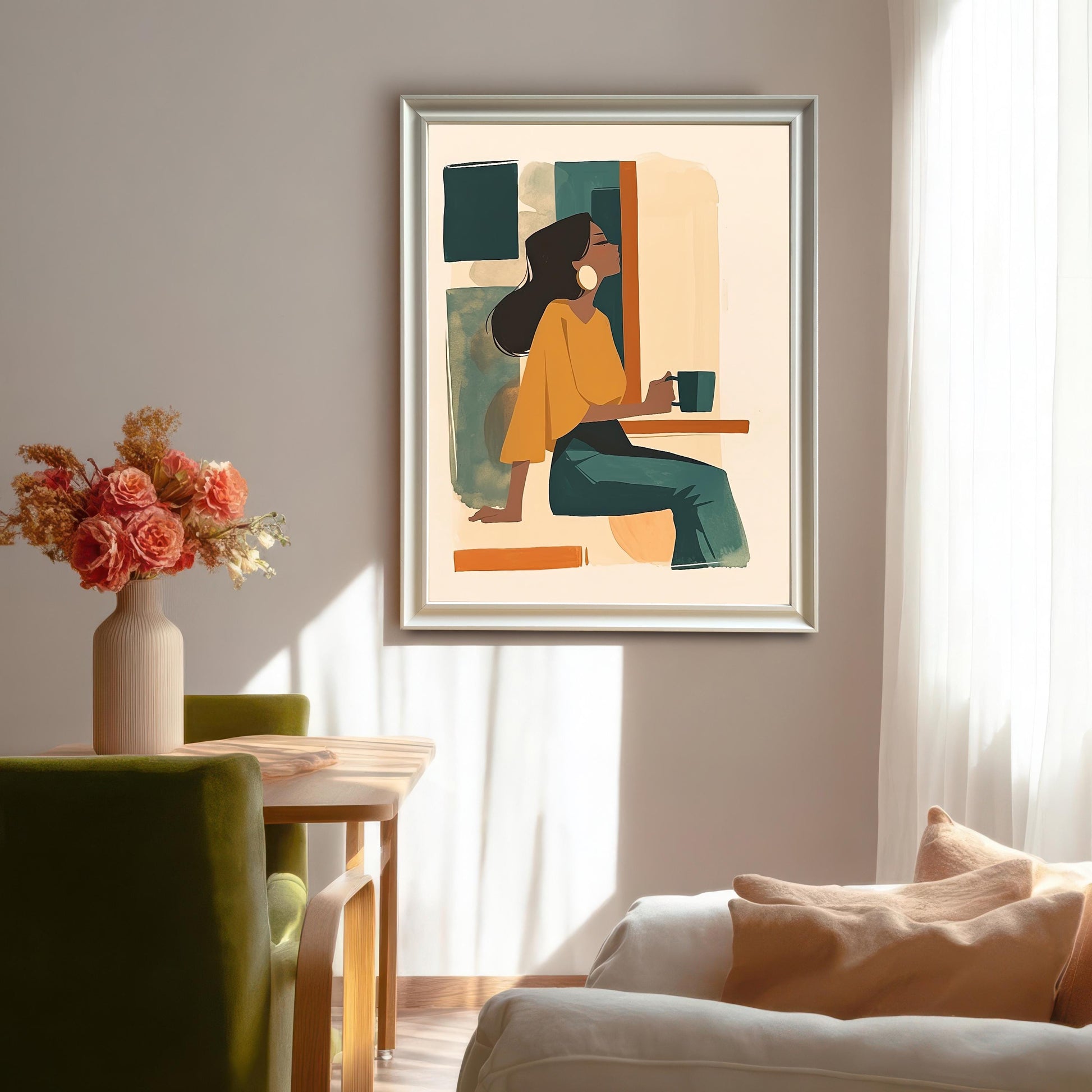 White framed art print of a woman with long dark hair, holding a mug and sitting in a modern room. The framed artwork hangs on a light wall in a dining area with a flower vase on the table.