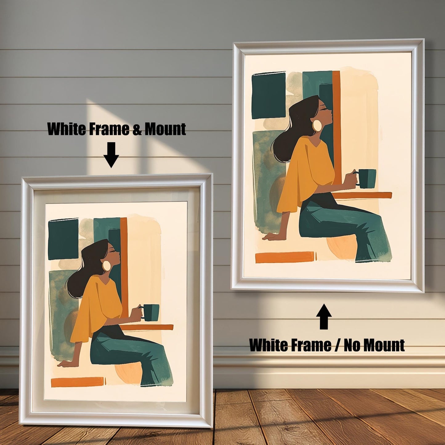 White framed wall art print of a woman with a mug, offered with and without a matboard mount. This versatile art print is suitable for a wide range of home decor styles.