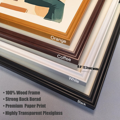 Stack of four wood frame corners in orange, coffee, white, and black, showing the 0.9-inch (2.2cm) width. Features include a 100% wood frame, strong backboard, premium paper print, and highly transparent plexiglass.