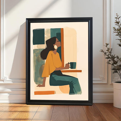 Black framed art print of a woman with a mug, leaning against a white wall next to a potted plant. A perfect piece for modern, minimalist, or bohemian interior design.