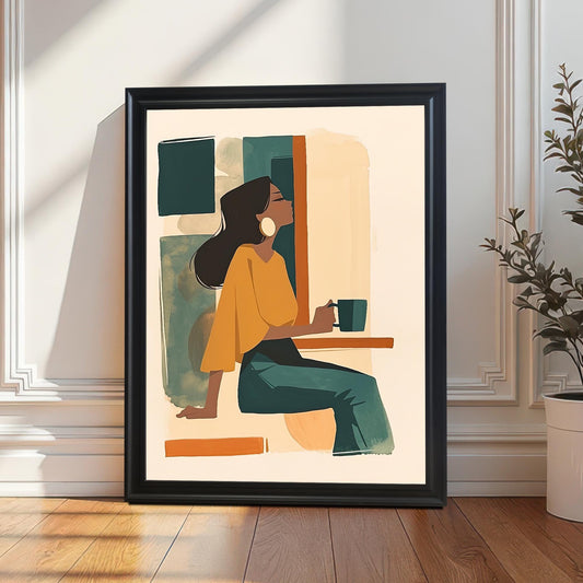 Black framed art print of a woman with a mug, leaning against a white wall next to a potted plant. A perfect piece for modern, minimalist, or bohemian interior design.
