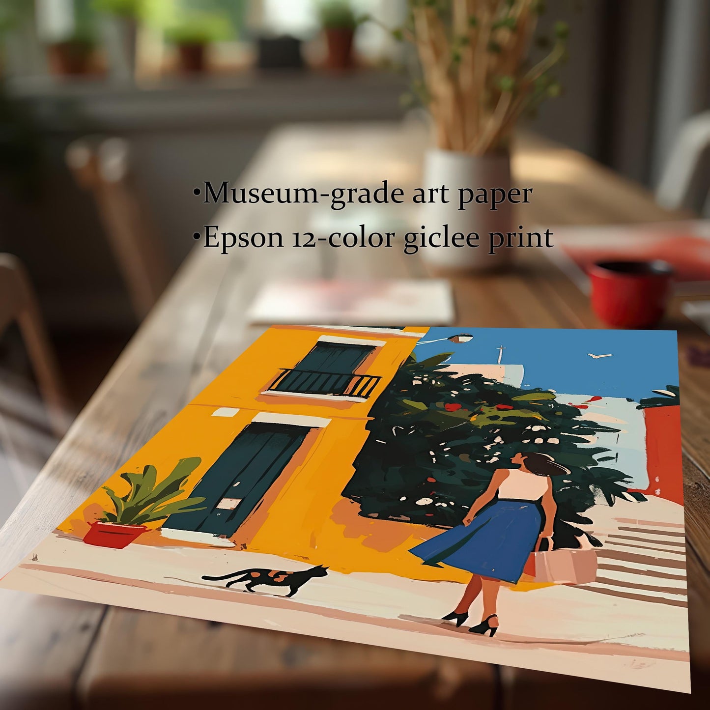 Close-up of an unframed art print on a wooden table, highlighting the high-quality museum-grade paper and Epson 12-color giclée printing. The artwork shows a woman and a cat in a vibrant street scene.