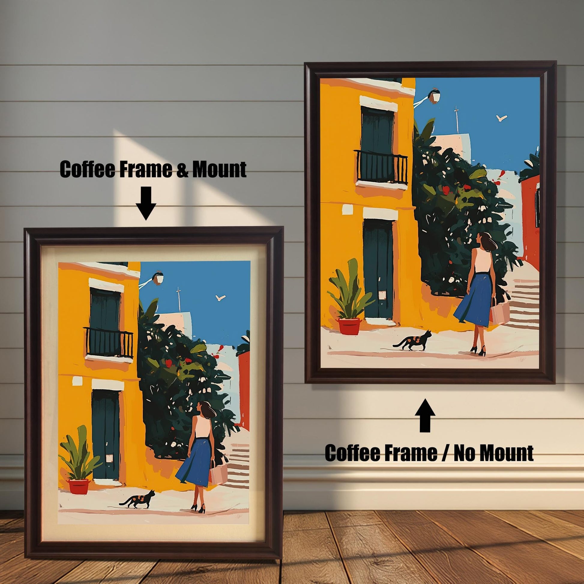 Coffee wood framed wall art print of a woman with a tote bag and a black cat, displayed with and without a matboard. A stylish piece for a gallery wall or as a standalone statement.