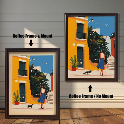 Coffee wood framed wall art print of a woman with a tote bag and a black cat, displayed with and without a matboard. A stylish piece for a gallery wall or as a standalone statement.
