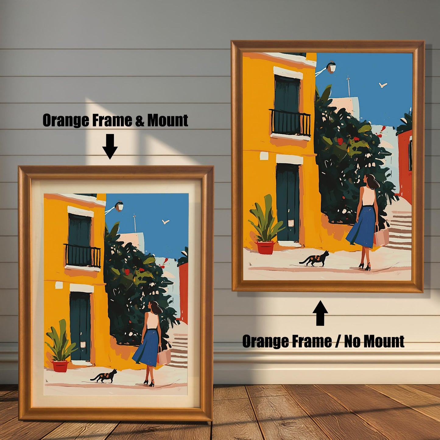 Orange wood framed wall art print of a woman and a cat in a sunny European alley, shown with and without a matboard mount. Colorful and vibrant art for travel lovers.