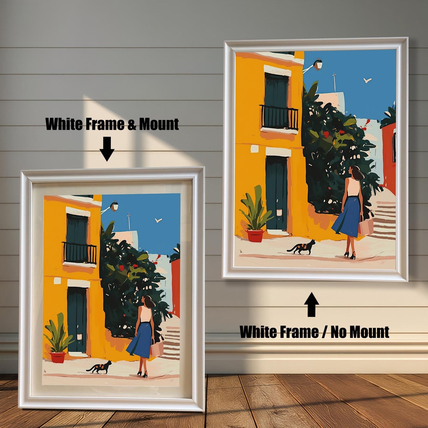 White framed wall art print of a woman and a cat on a sunny street, offered with and without a matboard. The white frame provides a clean, modern look that enhances the bright colors of the art.