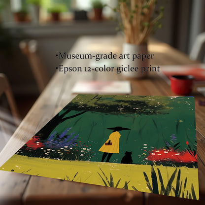 Close-up of an unframed art print on a wooden table, highlighting the high-quality museum-grade paper and Epson 12-color giclée printing. The artwork features a woman and a cat in a vibrant garden.