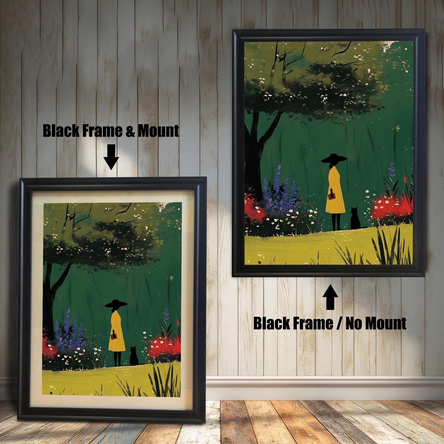 Black framed wall art print of a woman and a cat in a lush garden, displayed with and without a matboard mount. This whimsical print is perfect for cat lovers and nature enthusiasts.