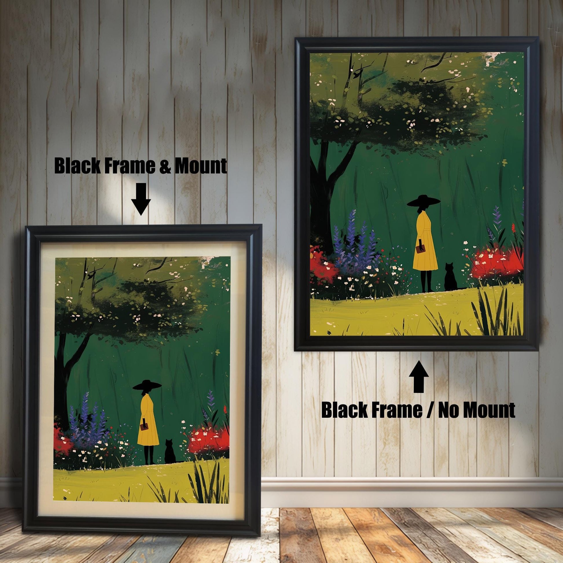 Black framed wall art print of a woman and a cat in a lush garden, displayed with and without a matboard mount. This whimsical print is perfect for cat lovers and nature enthusiasts.