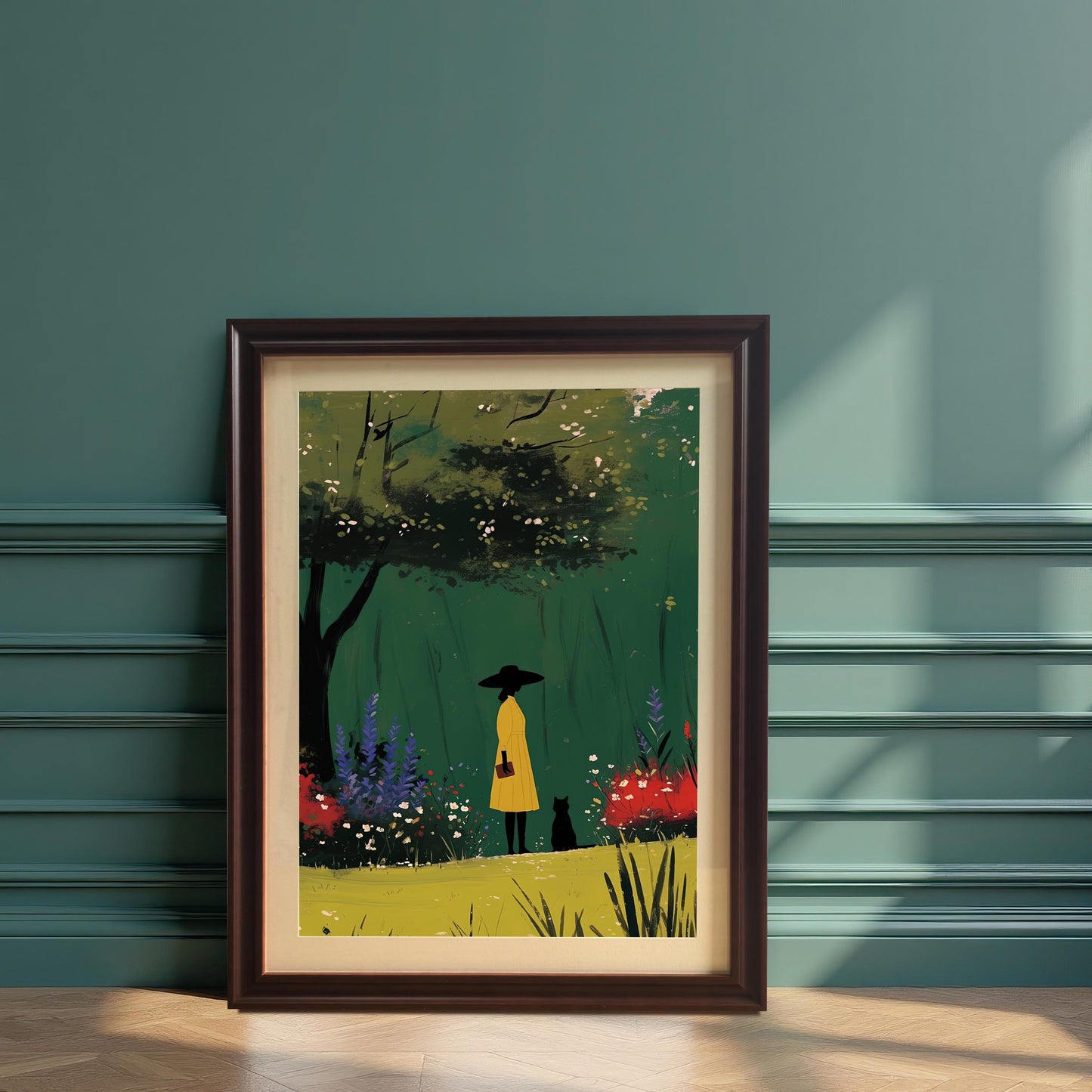 Coffee wood framed wall art print of a woman in a yellow coat and a black cat in a garden. The frame and artwork are leaning on a teal-colored wall, creating a cozy and stylish atmosphere.