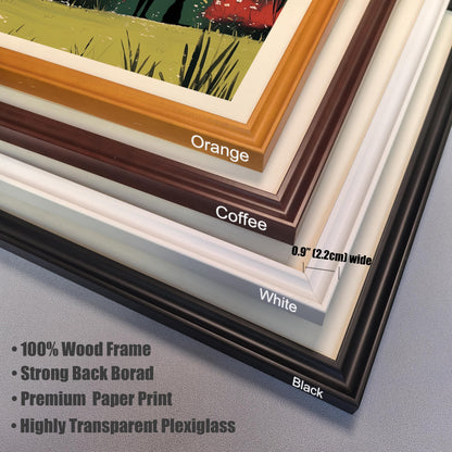 Stack of four wood frame corners in orange, coffee, white, and black, showing the 0.9-inch (2.2cm) width. Features include a 100% wood frame, strong backboard, premium paper print, and highly transparent plexiglass.