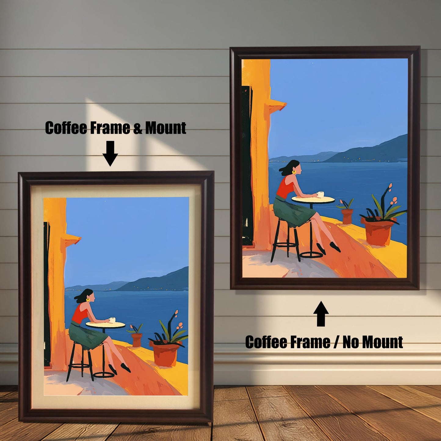 Framed wall art print showing a woman on a balcony overlooking the sea, with a coffee frame and mount on the left and a coffee frame without a mount on the right.