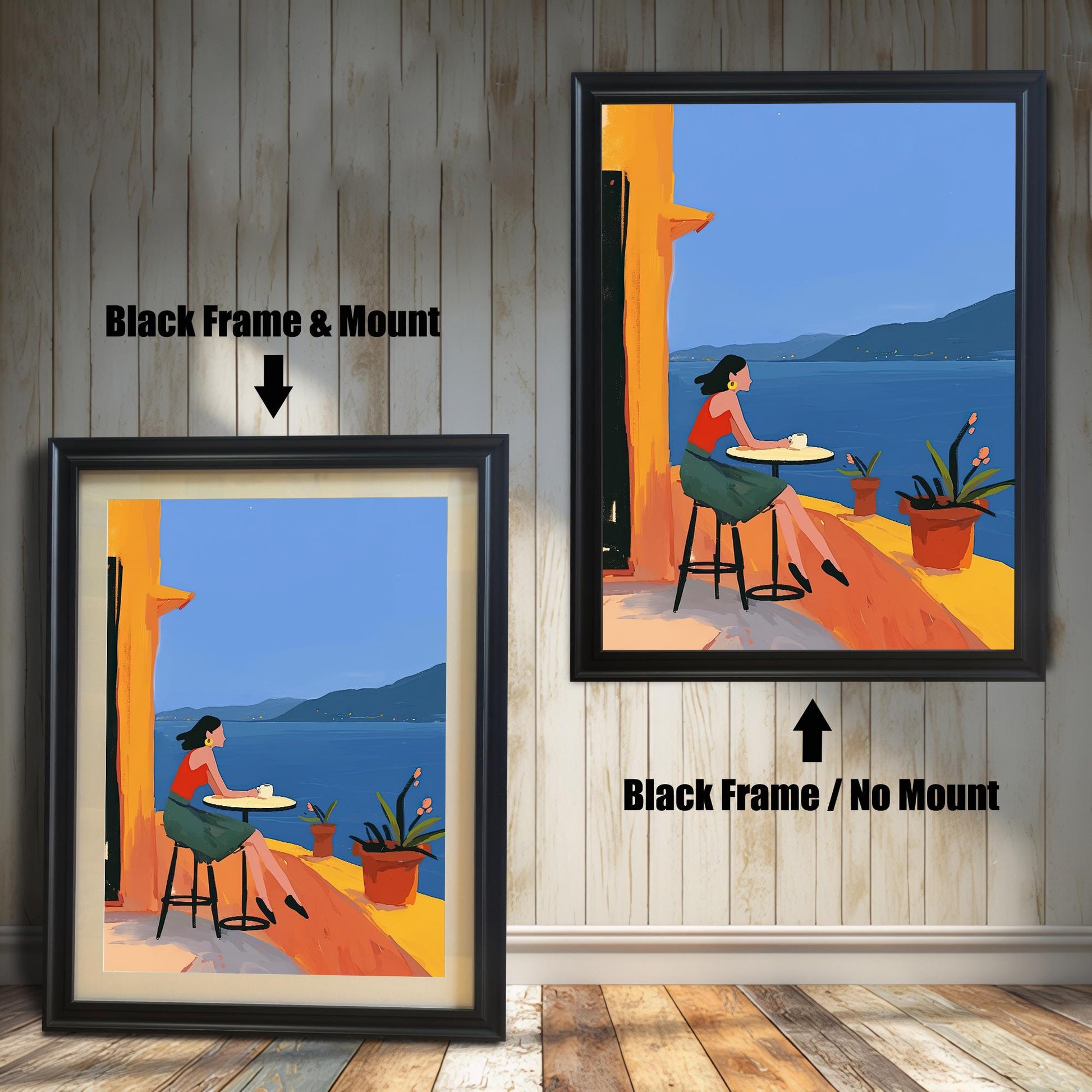 Comparison of a black-framed wall art print with a mount (left) and without a mount (right). The print features a woman on a balcony overlooking the ocean.
