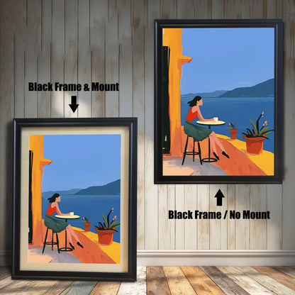 Comparison of a black-framed wall art print with a mount (left) and without a mount (right). The print features a woman on a balcony overlooking the ocean.