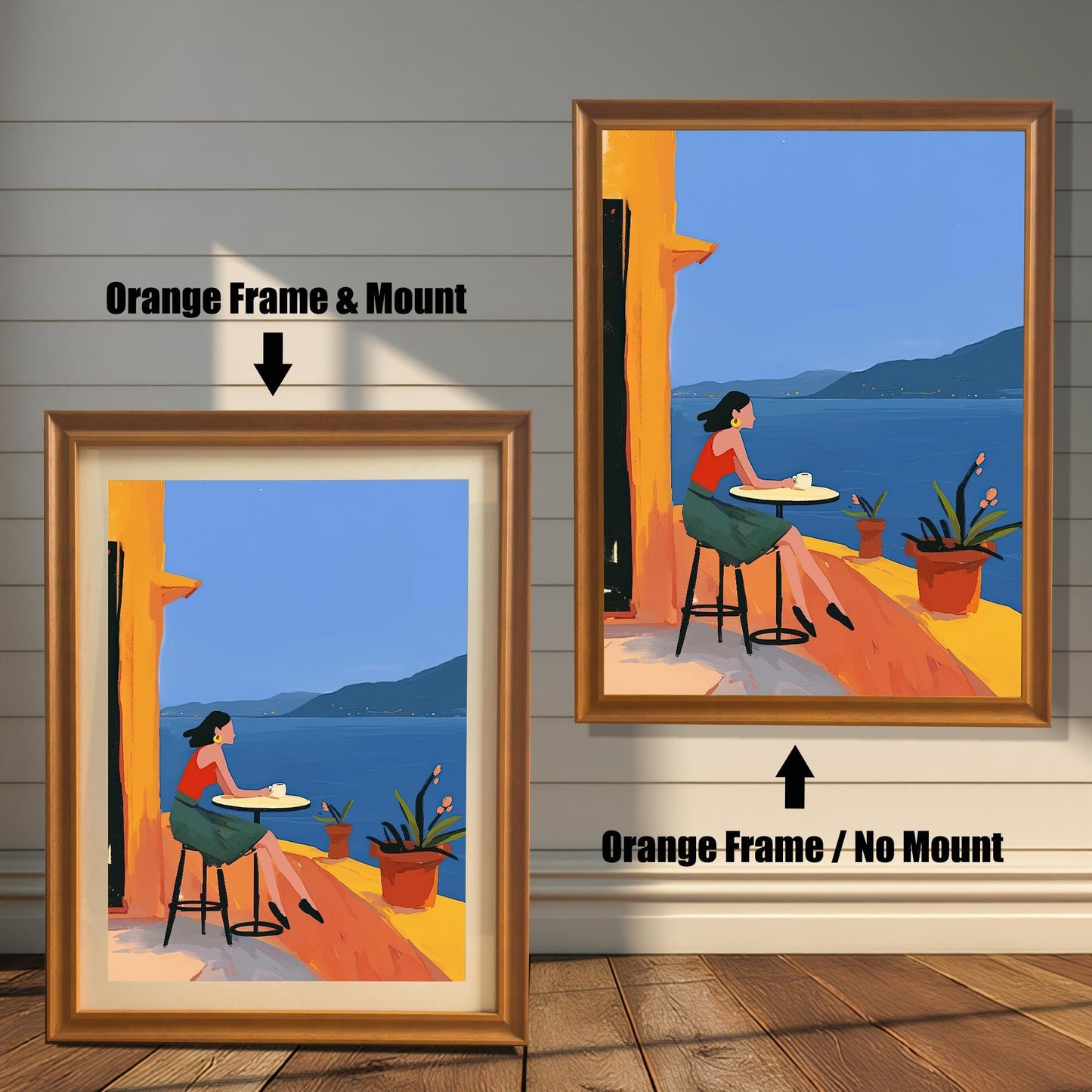 Comparison of an orange-framed wall art print with a mount (left) and without a mount (right). The print features a woman on a balcony overlooking the ocean.