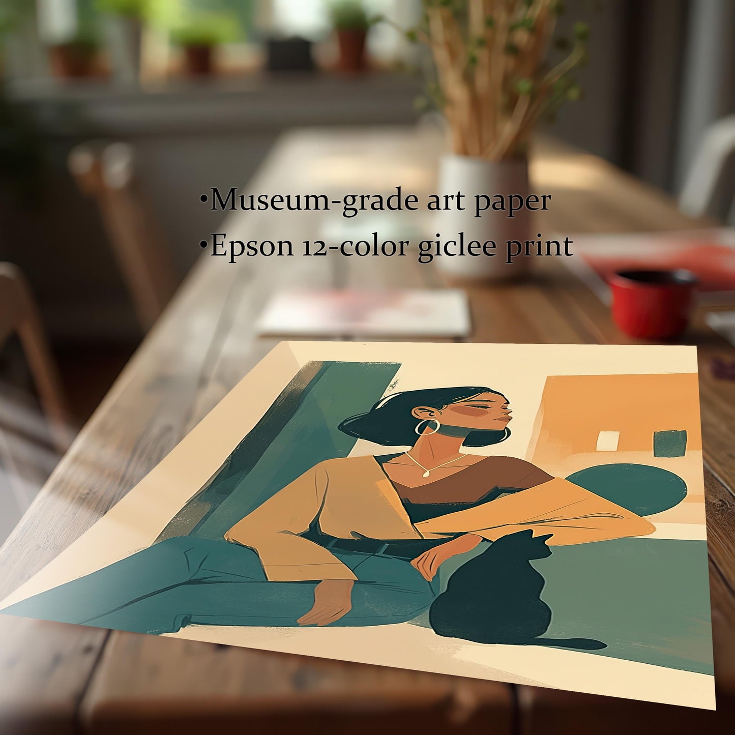 Close-up of the unframed art print on a wooden table, highlighting its quality. Text overlay specifies 'Museum-grade art paper' and 'Epson 12-color giclee print,' emphasizing the high-quality materials and printing process.