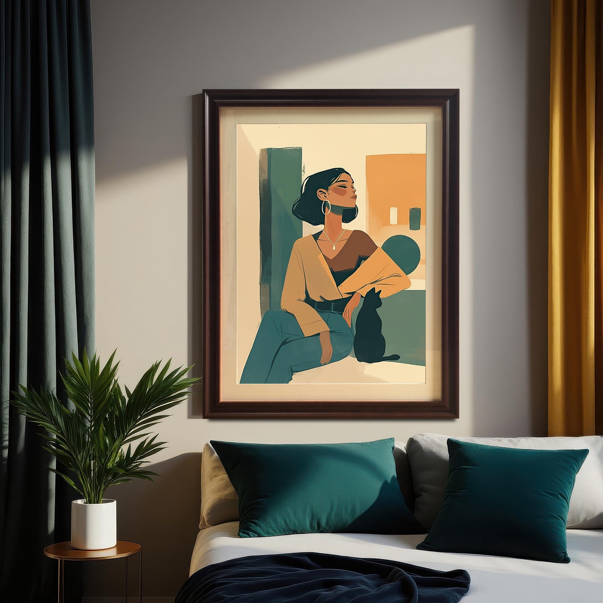 A serene bedroom scene featuring a dark wood-framed wall art print above the bed. The print depicts an illustration of a stylish woman with a bob haircut and large hoop earrings, seated next to a black cat, creating a minimalist and modern aesthetic.