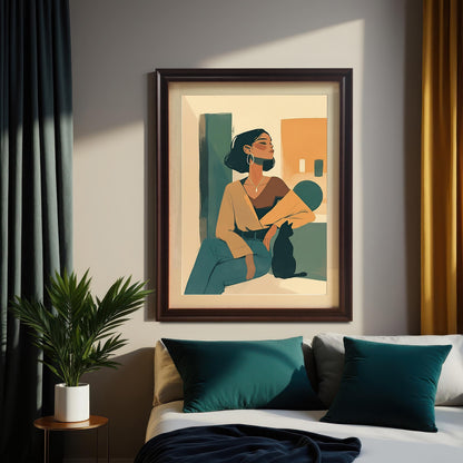 A serene bedroom scene featuring a dark wood-framed wall art print above the bed. The print depicts an illustration of a stylish woman with a bob haircut and large hoop earrings, seated next to a black cat, creating a minimalist and modern aesthetic.