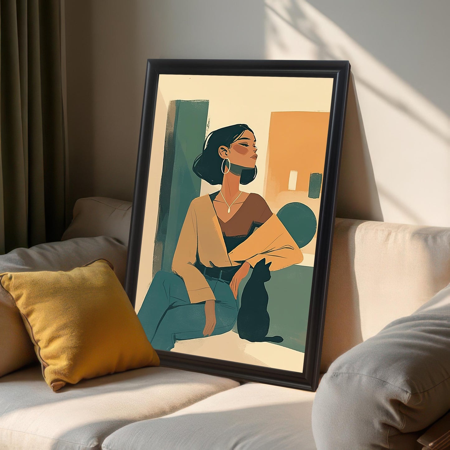 A large framed wall art print with a black wood frame, leaning against a wall on a light-colored couch. The print features a contemporary illustration of a woman and a cat, adding a chic and artistic touch to a living room.