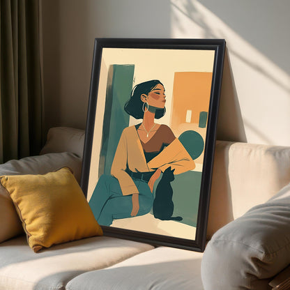 A large framed wall art print with a black wood frame, leaning against a wall on a light-colored couch. The print features a contemporary illustration of a woman and a cat, adding a chic and artistic touch to a living room.