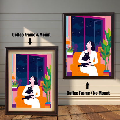 Comparison of a framed art print with and without a mount, featuring a 'Coffee' wood frame. The left print shows the artwork with a white border (mount), while the right displays it without, helping customers choose their preferred style for this bohemian-style artwork.