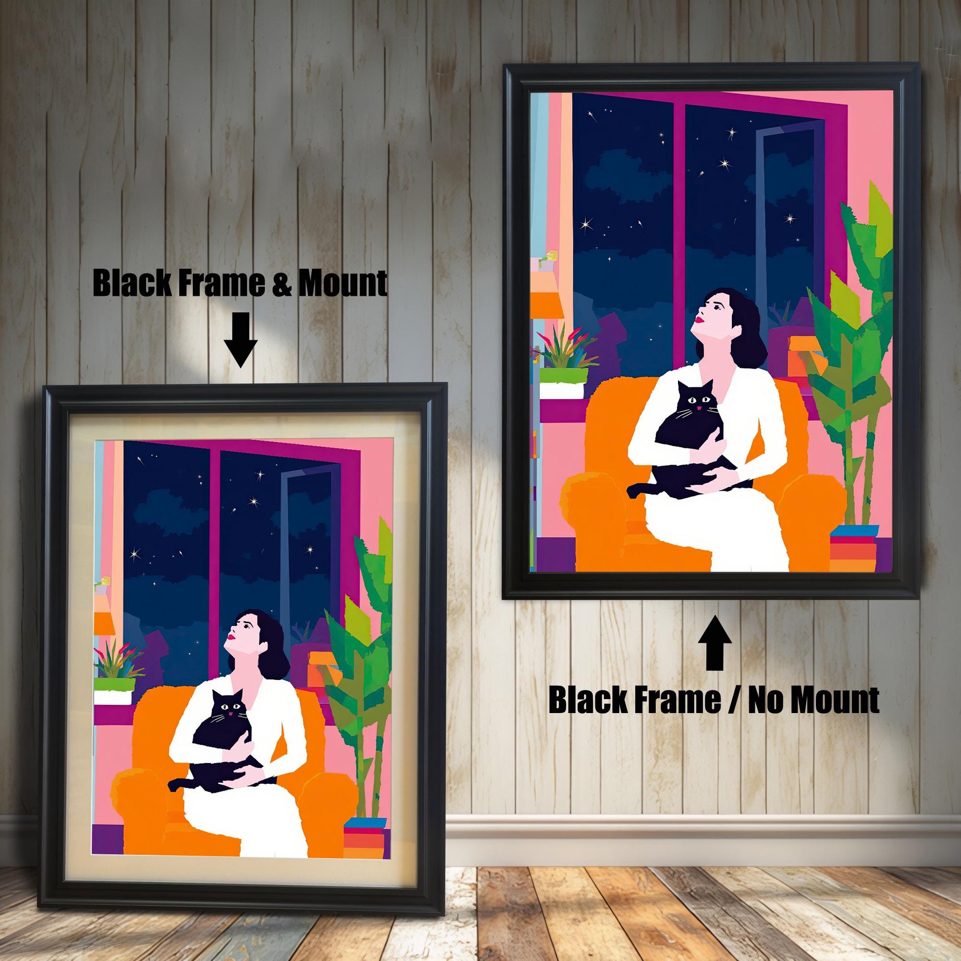 Comparison of framed art prints with and without a mount, featuring the 'Black' wood frame. The left print shows the artwork with a mat, while the right displays it without, demonstrating the versatile framing styles for this starry night artwork.
