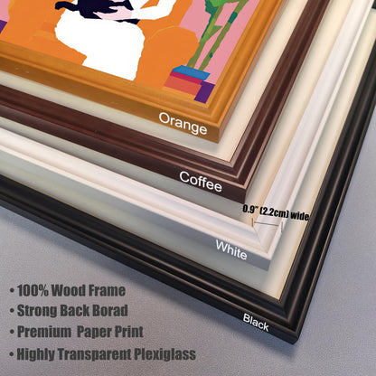A close-up view of the four different wood frame color options: Orange, Coffee, White, and Black. The image highlights the 0.9-inch (2.2cm) frame width and lists key features like '100% Wood Frame,' 'Strong Back Board,' 'Premium Paper Print,' and 'Highly Transparent Plexiglass.