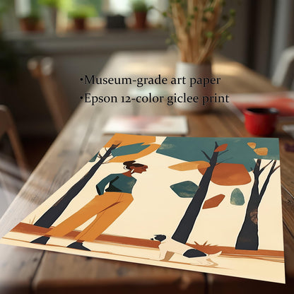 A close-up, angled view of a giclee print on museum-grade art paper. The print shows a woman and a dog in a park.