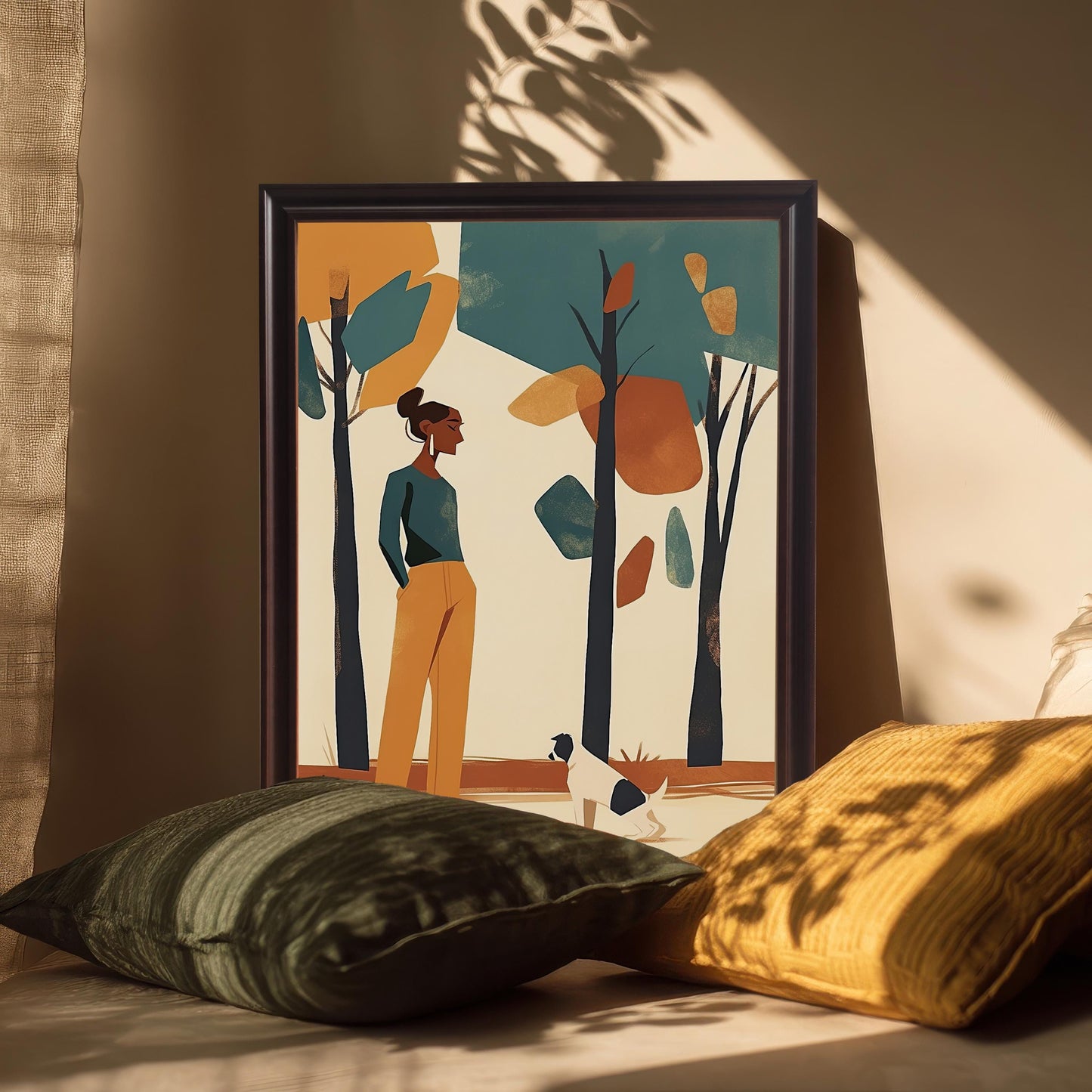 A framed art print of a woman and a dog in a park, propped on a floor with two pillows.