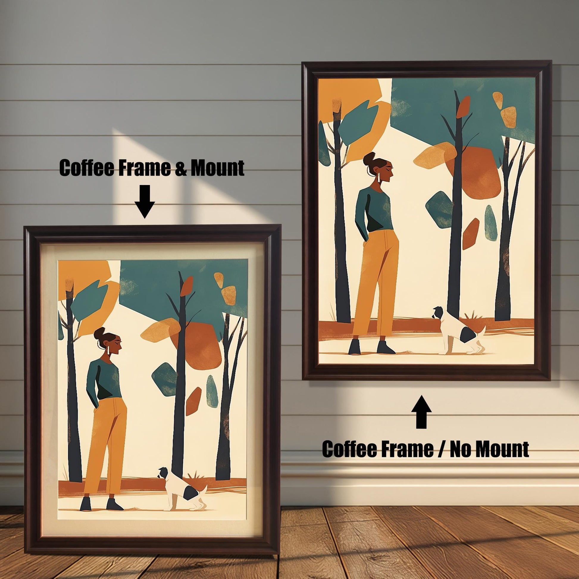 Two framed art prints of a woman and a dog in a park. The left print has a coffee-colored frame and a white mat ("mount"), while the right print has a coffee-colored frame with no mat.