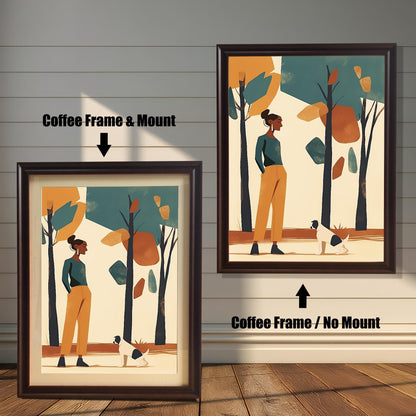 Two framed art prints of a woman and a dog in a park. The left print has a coffee-colored frame and a white mat ("mount"), while the right print has a coffee-colored frame with no mat.