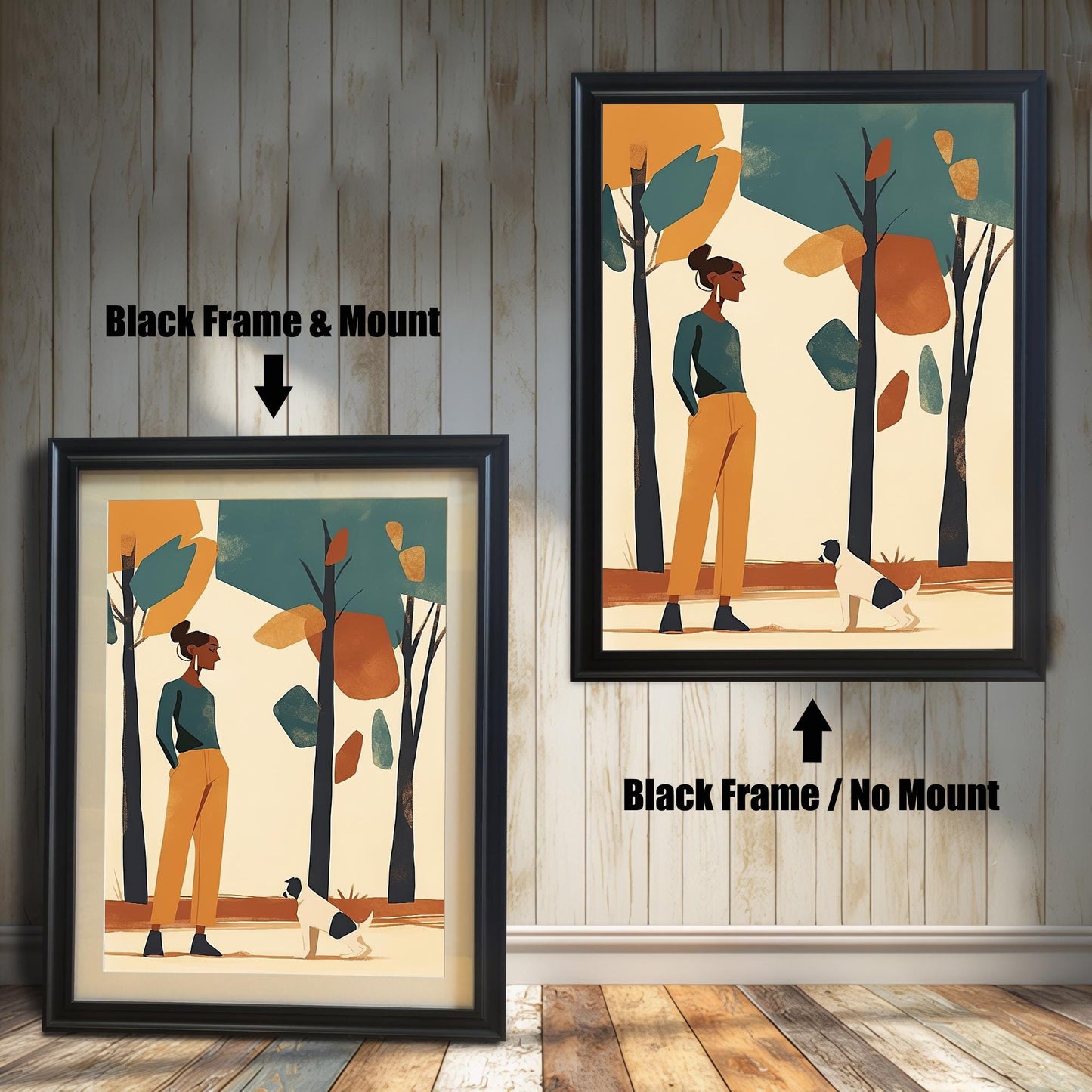 Two framed art prints of a woman and a dog in a park. The left print has a black frame and a white mat ("mount"), while the right print has a black frame with no mat.