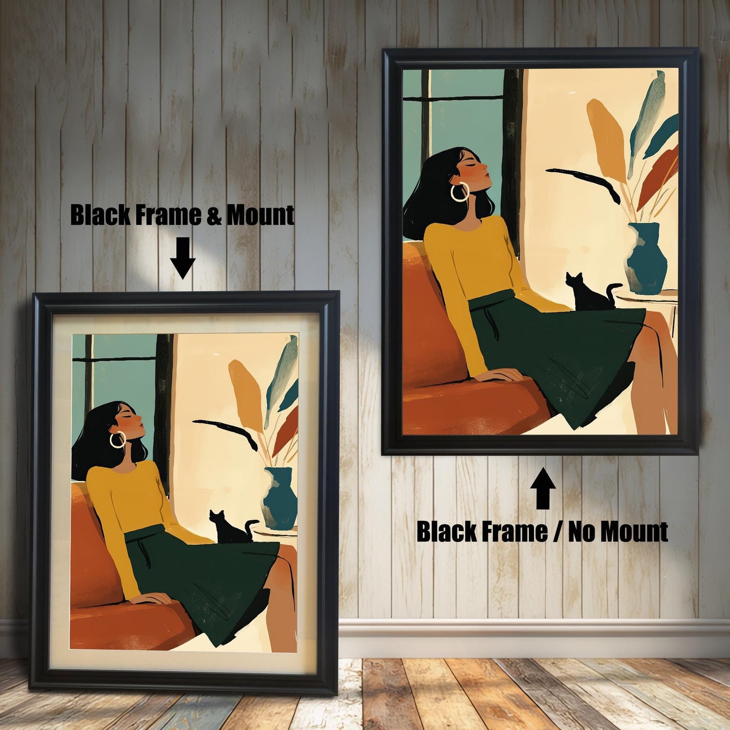 Two art prints of a woman and cat, both with a black wood frame. One is shown with a white mount (matting) and the other is shown without a mount.