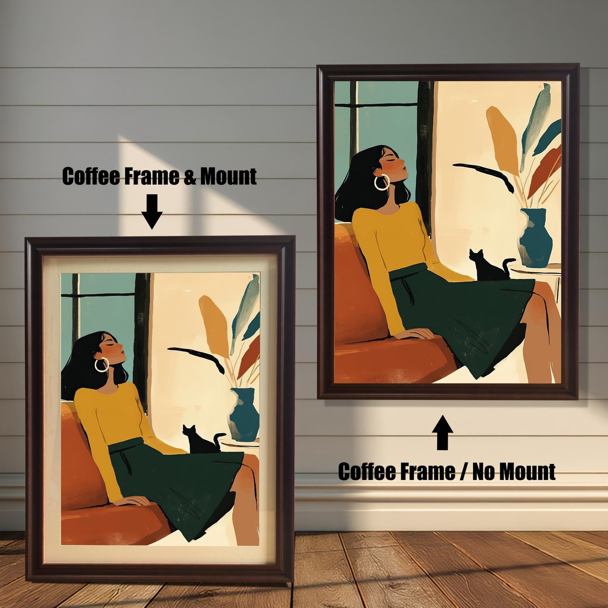 Two art prints of a woman and cat, both with a coffee-colored wood frame. One is shown with a mount (matting) and the other is shown without a mount.