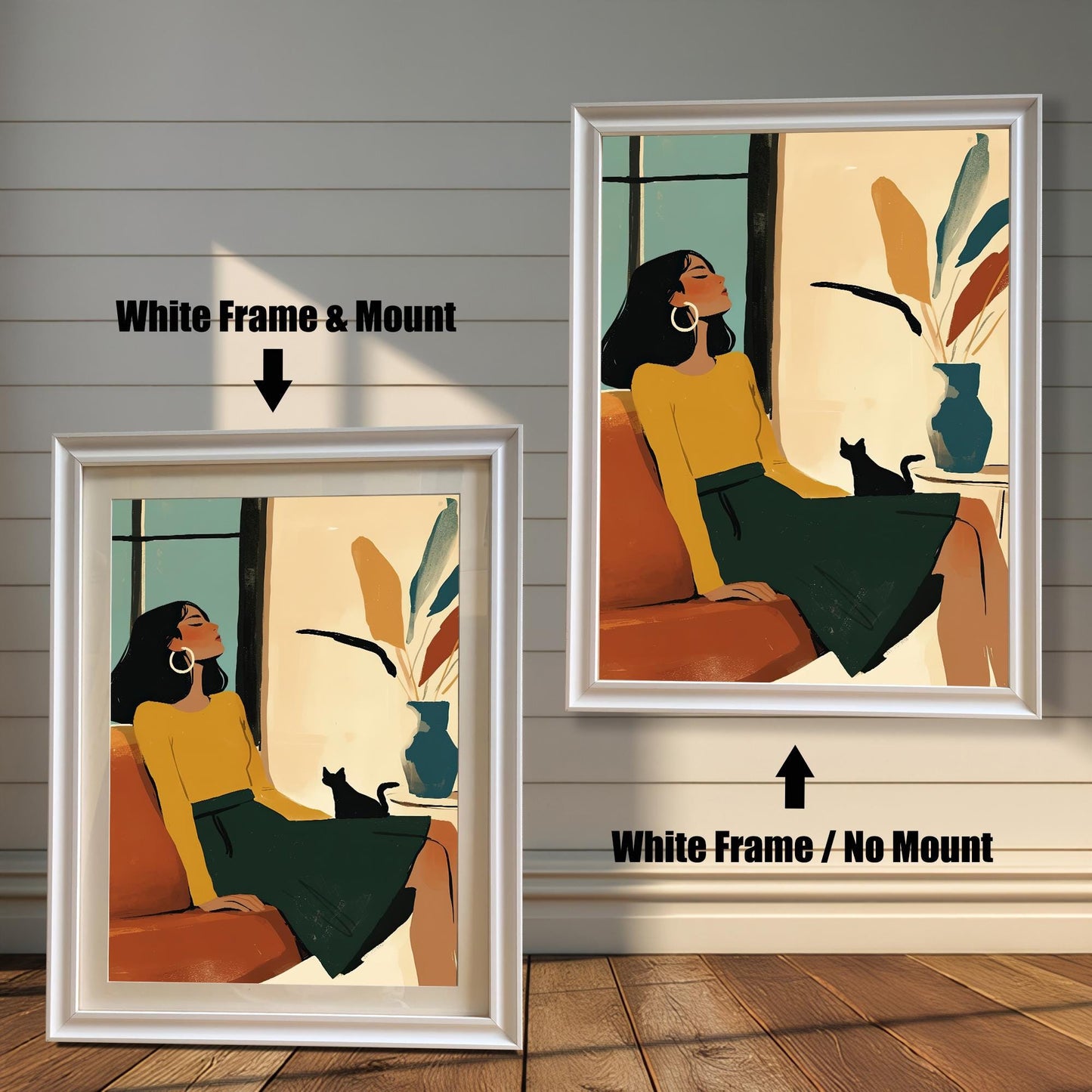 Two art prints of a woman and cat, both with a white wood frame. One is shown with a mount (matting) and the other is shown without a mount.