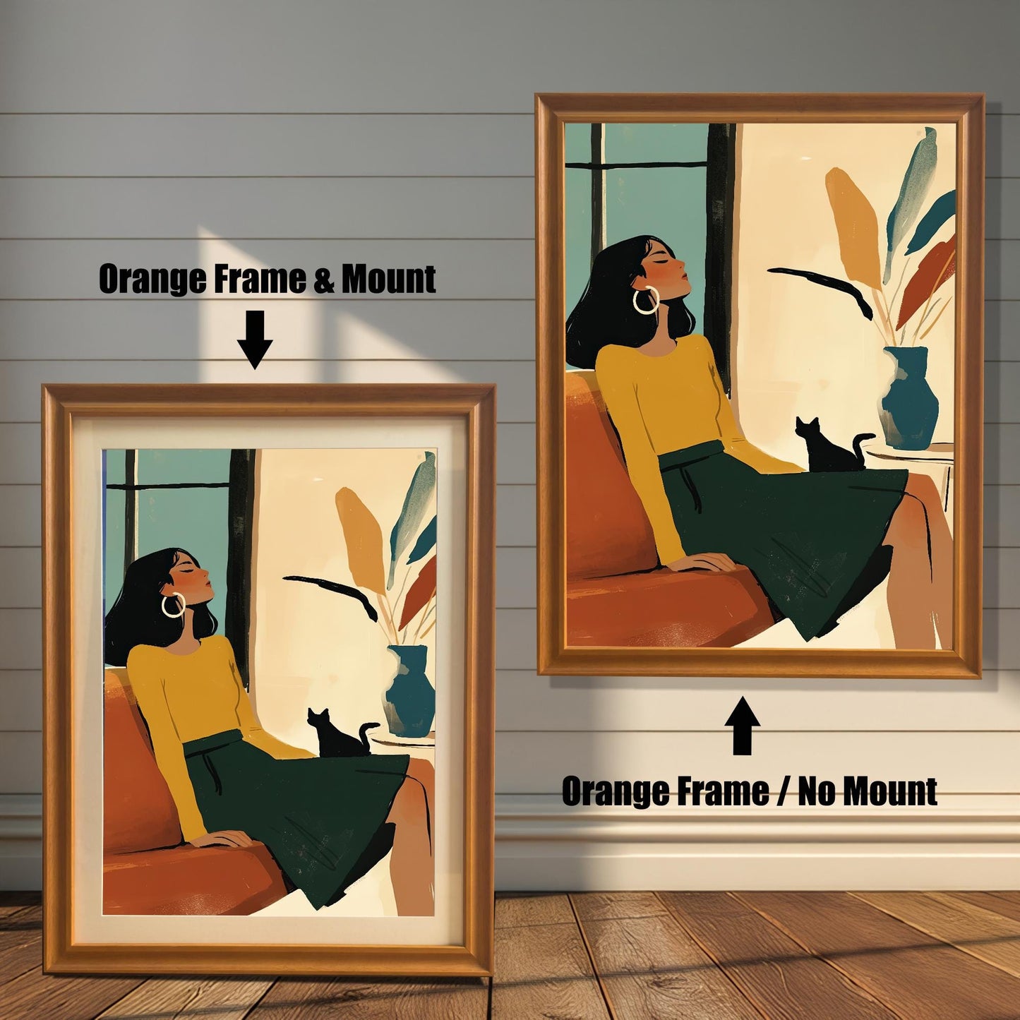 Two art prints of a woman and cat, both with an orange wood frame. One is shown with a mount (matting) and the other is shown without a mount.