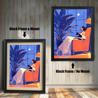 Two framed art prints of a woman and a cat. The left print has a black frame and a white mat ("mount"), and the right print has a black frame with no mat.