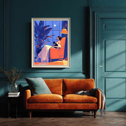 A framed art print of a woman and a cat sitting in an orange chair, hanging on a dark teal wall above a matching orange sofa.