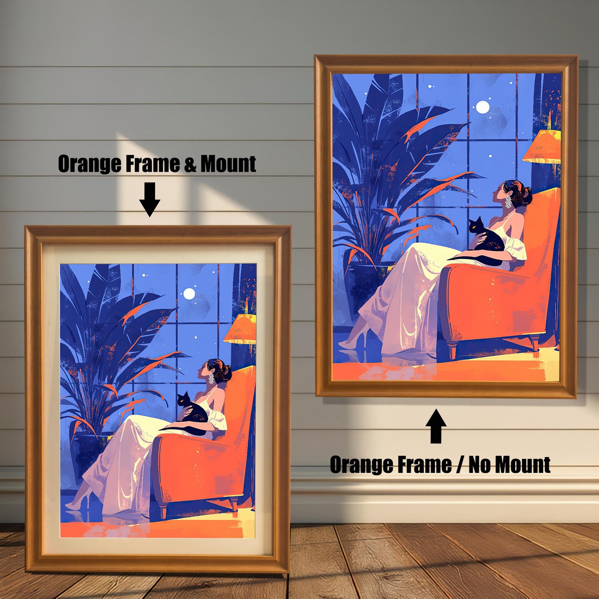 Two framed art prints of a woman and a cat. The left print has an orange-colored frame and a white mat ("mount"), and the right print has an orange-colored frame with no mat.