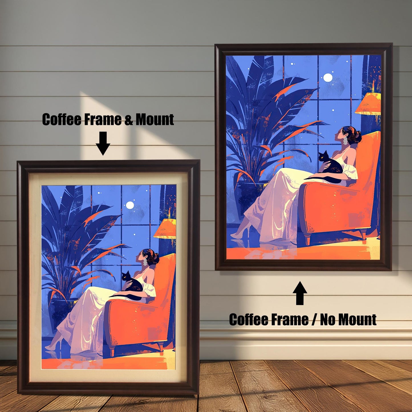 wo framed art prints of a woman and a cat in a room at night. The left print has a coffee-colored frame and a white mat ("mount"), while the right print has a coffee-colored frame and no mat.