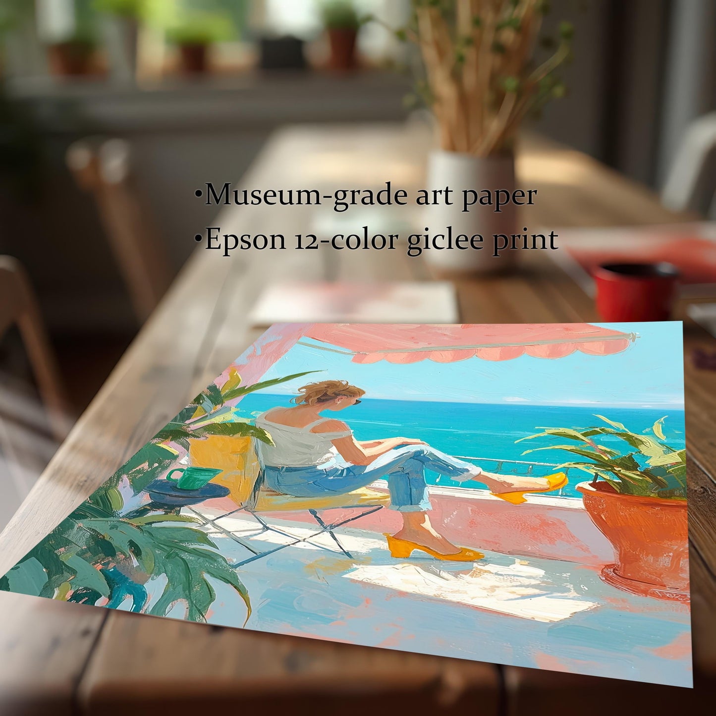 A wall art print with the painting of a woman on a balcony, displayed unframed on a wooden table. The image text highlights that the print uses "Museum-grade art paper" and "Epson 12-color giclee print."