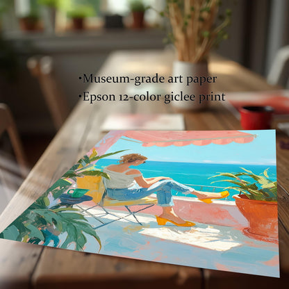 A wall art print with the painting of a woman on a balcony, displayed unframed on a wooden table. The image text highlights that the print uses "Museum-grade art paper" and "Epson 12-color giclee print."