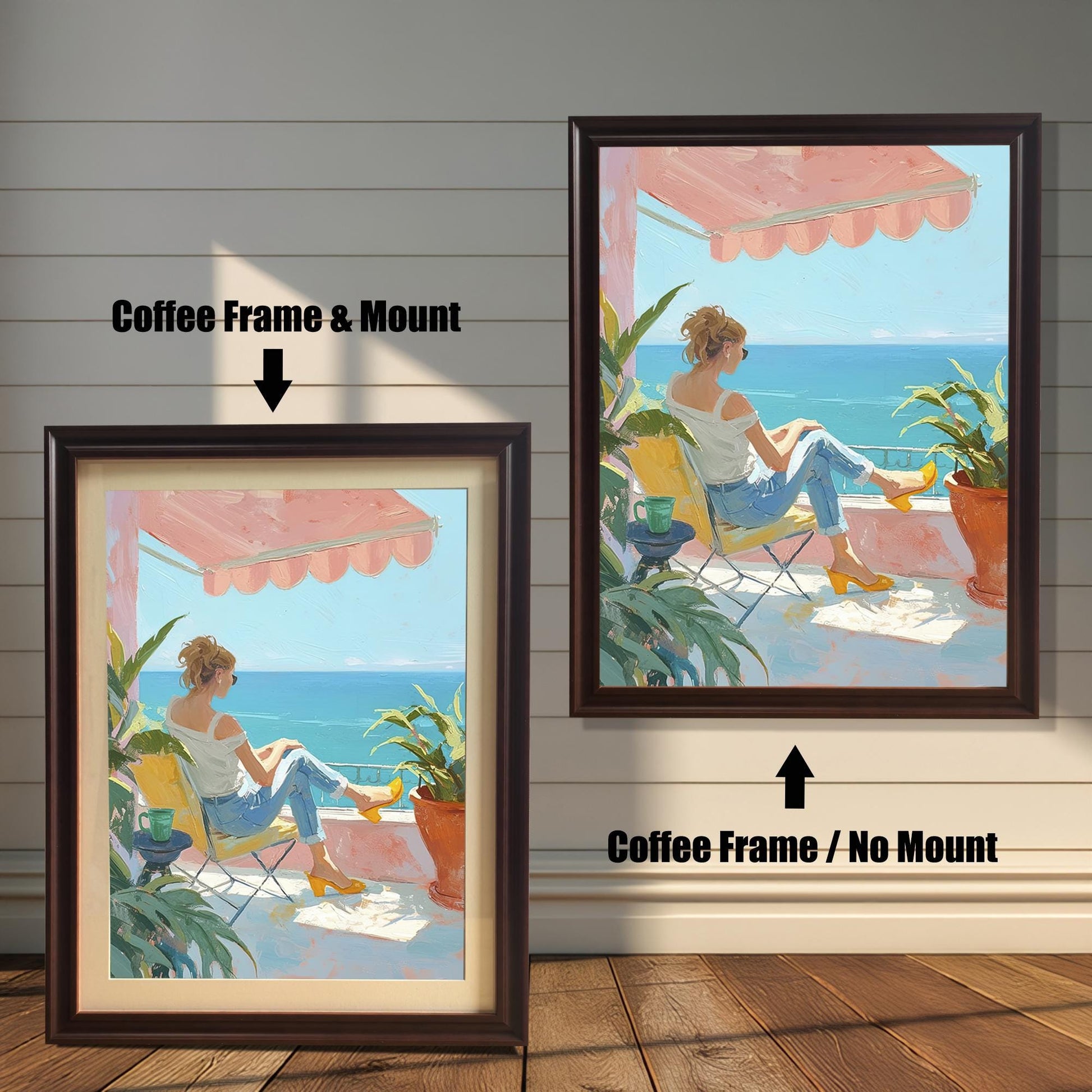 Two versions of the wall art print with a coffee-colored frame are shown side by side against a wooden wall. The print on the left is a smaller version with a mount (matting) around the artwork. The print on the right is a larger version without a mount. The image is labeled with "Coffee Frame & Mount" and "Coffee Frame / No Mount."