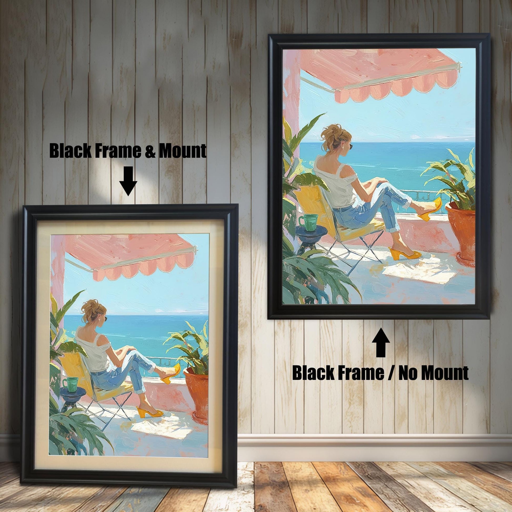 Two versions of the wall art print with a black frame are shown side by side against a light-colored wooden wall. The print on the left is a smaller version with a mount (matting) around the artwork. The print on the right is a larger version without a mount. The image is labeled with "Black Frame & Mount" and "Black Frame / No Mount."