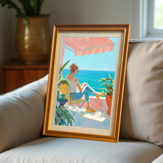 A close-up shot of a single wall art print with an orange wood frame, leaning against a white sofa cushion. The painting depicts a woman in a white shirt and jeans, seated on a balcony chair, looking out at the ocean.