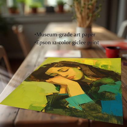 A wall art print with the painting of a sleeping woman, displayed unframed and resting on a wooden table. The image text highlights that the print uses "Museum-grade art paper" and "Epson 12-color giclee print."