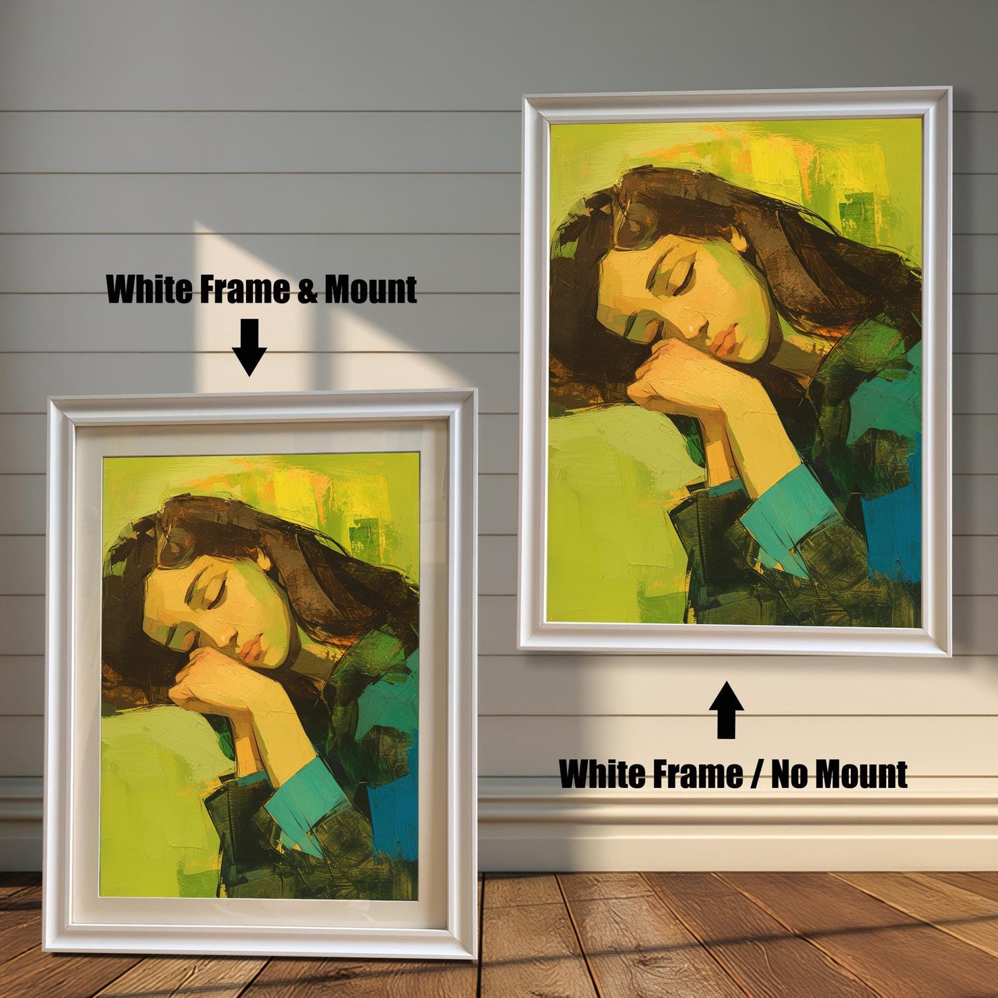 Two versions of a wall art print with a white frame are shown side by side against a light-colored wooden wall. The print on the left is a smaller version with a mount (matting) around the artwork. The print on the right is a larger version without a mount. The image is labeled with "White Frame & Mount" and "White Frame / No Mount."